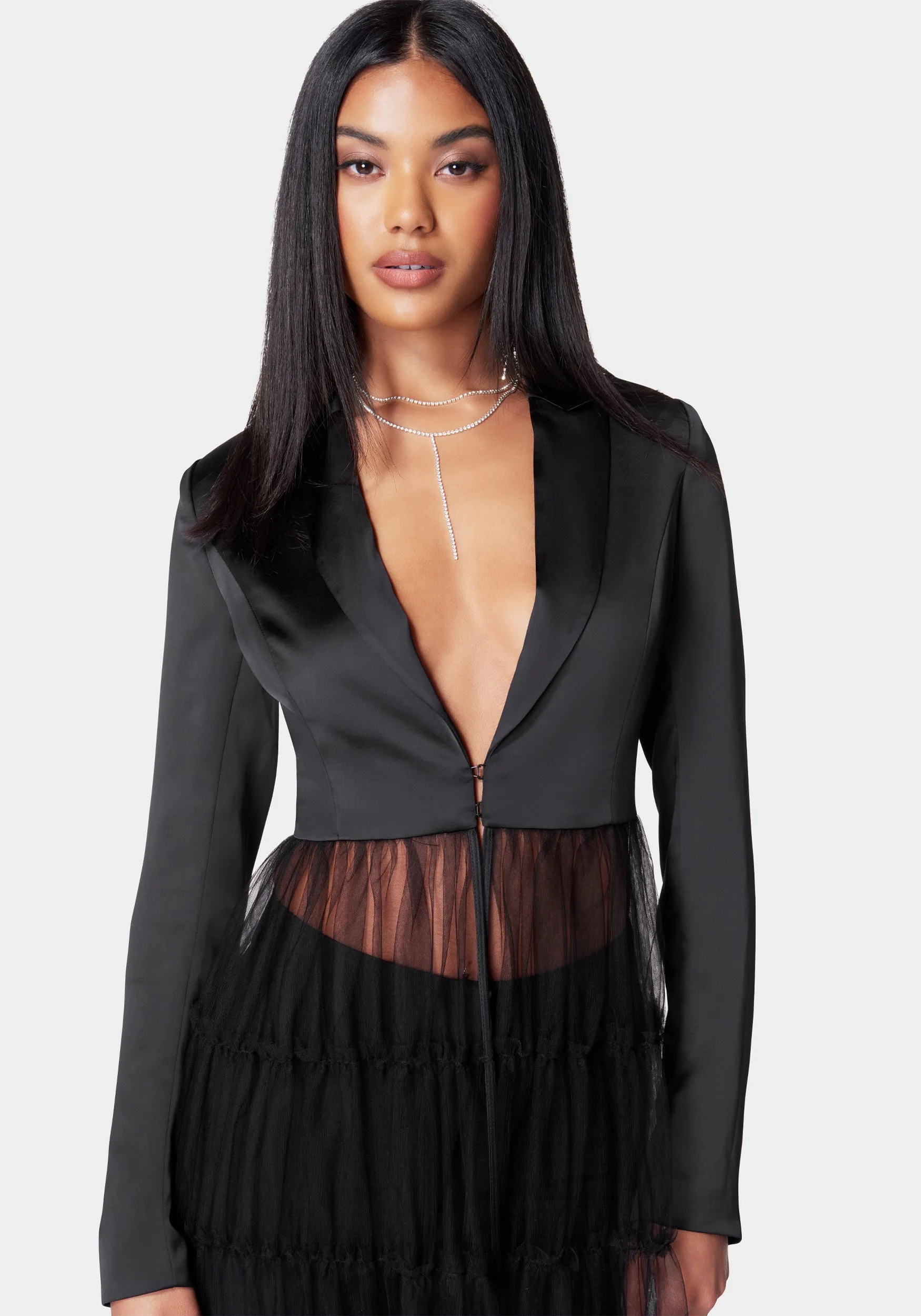 Satin Tailored Jacket With Tulle Hem