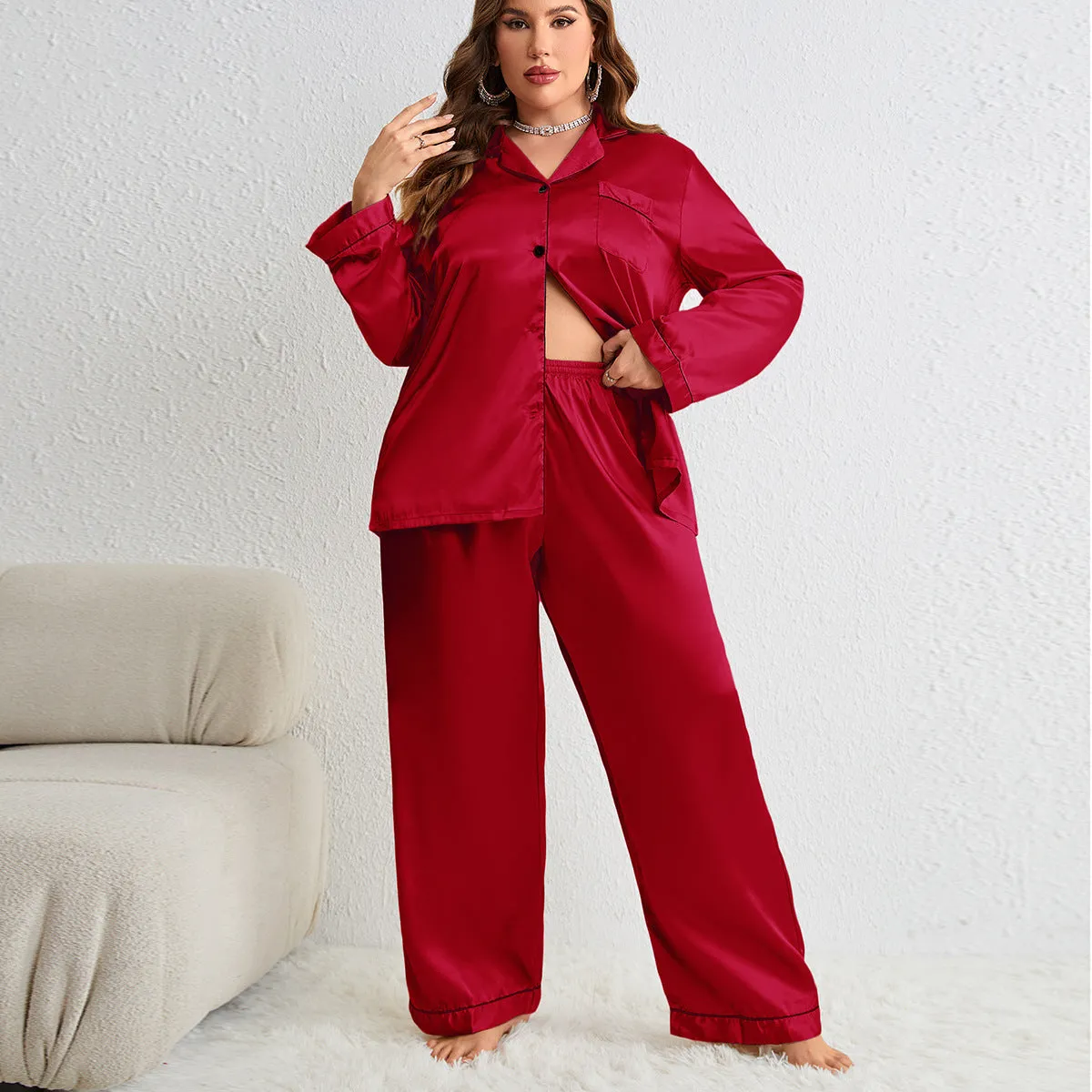 Silk Ice Thin Long Sleeve Long Pants Cardigan Plus Size Sleepwear Set