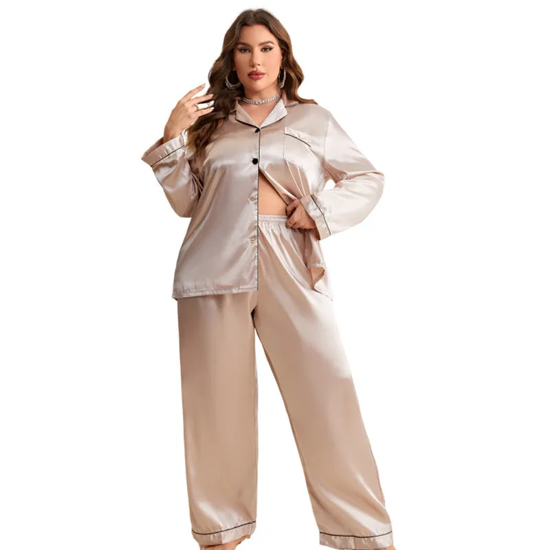 Silk Ice Thin Long Sleeve Long Pants Cardigan Plus Size Sleepwear Set