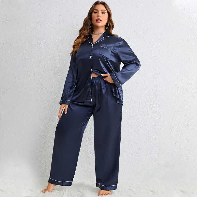 Silk Ice Thin Long Sleeve Long Pants Cardigan Plus Size Sleepwear Set