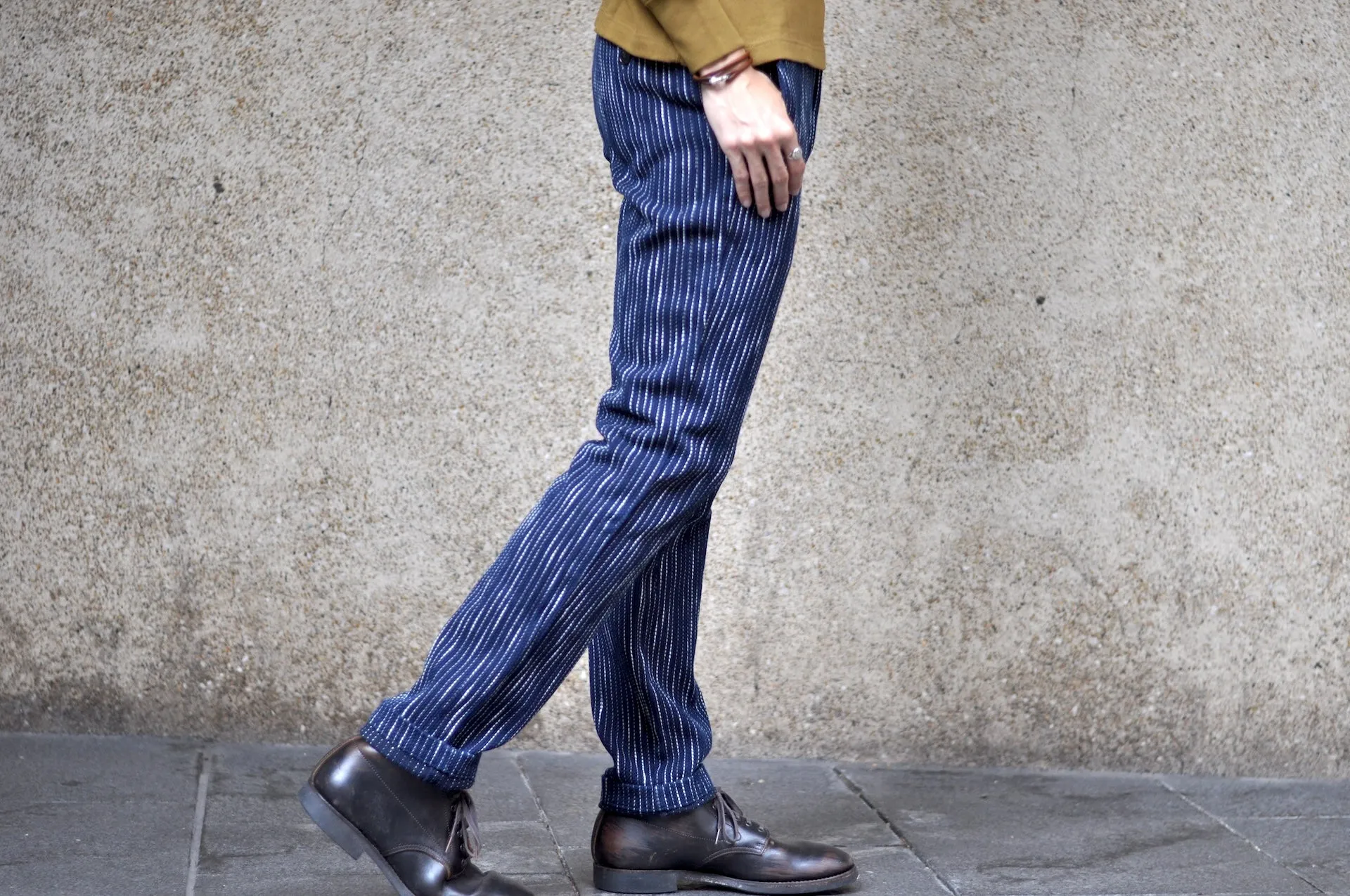 Studio D'Artisan 13oz Indigo Dyed "Rain Kakuri Sashiko" Trousers (Relaxed Tapered fit)