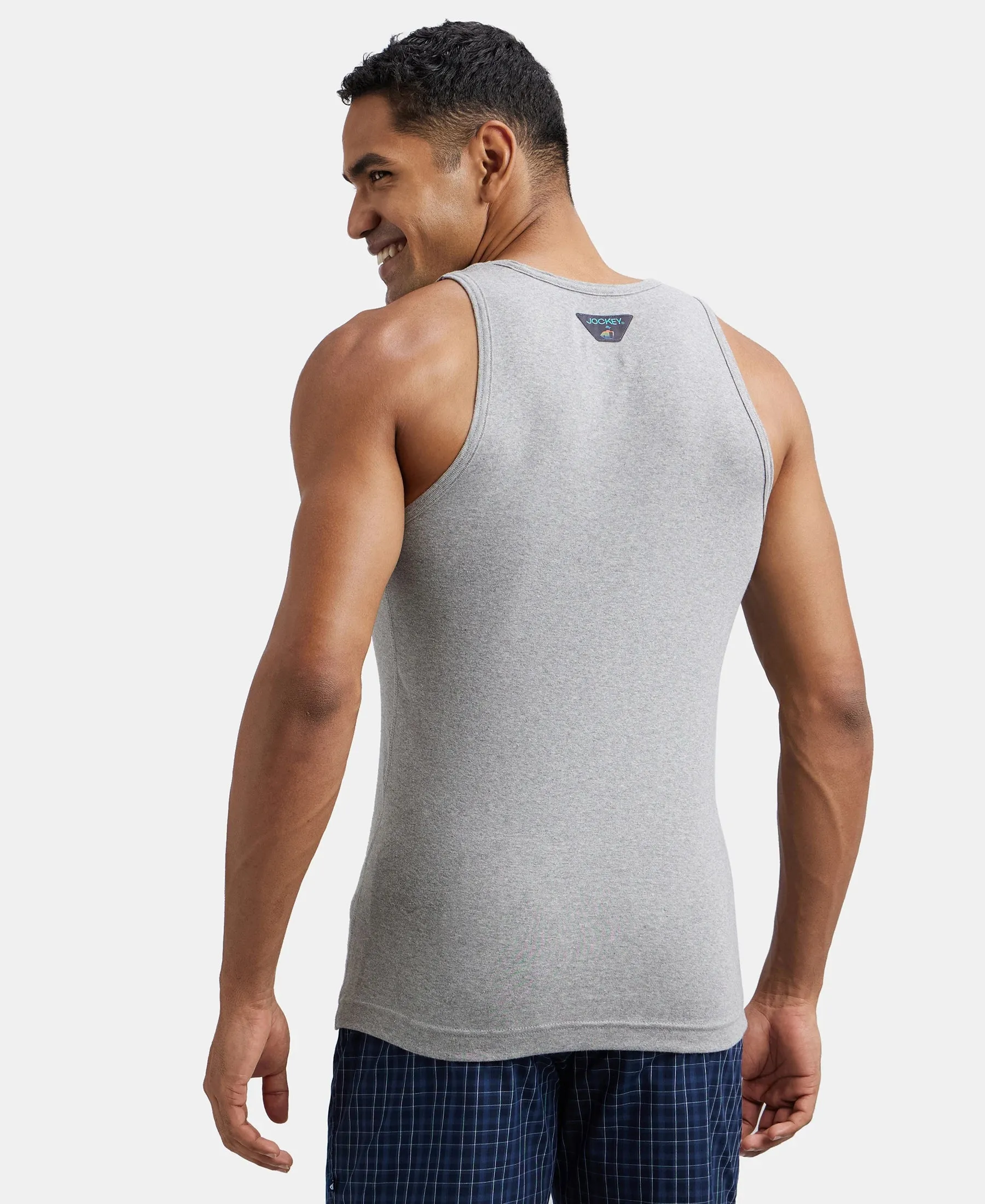 Super Combed Cotton Rib Round Neck Sleeveless Vest - Grey Melange & Teal Green