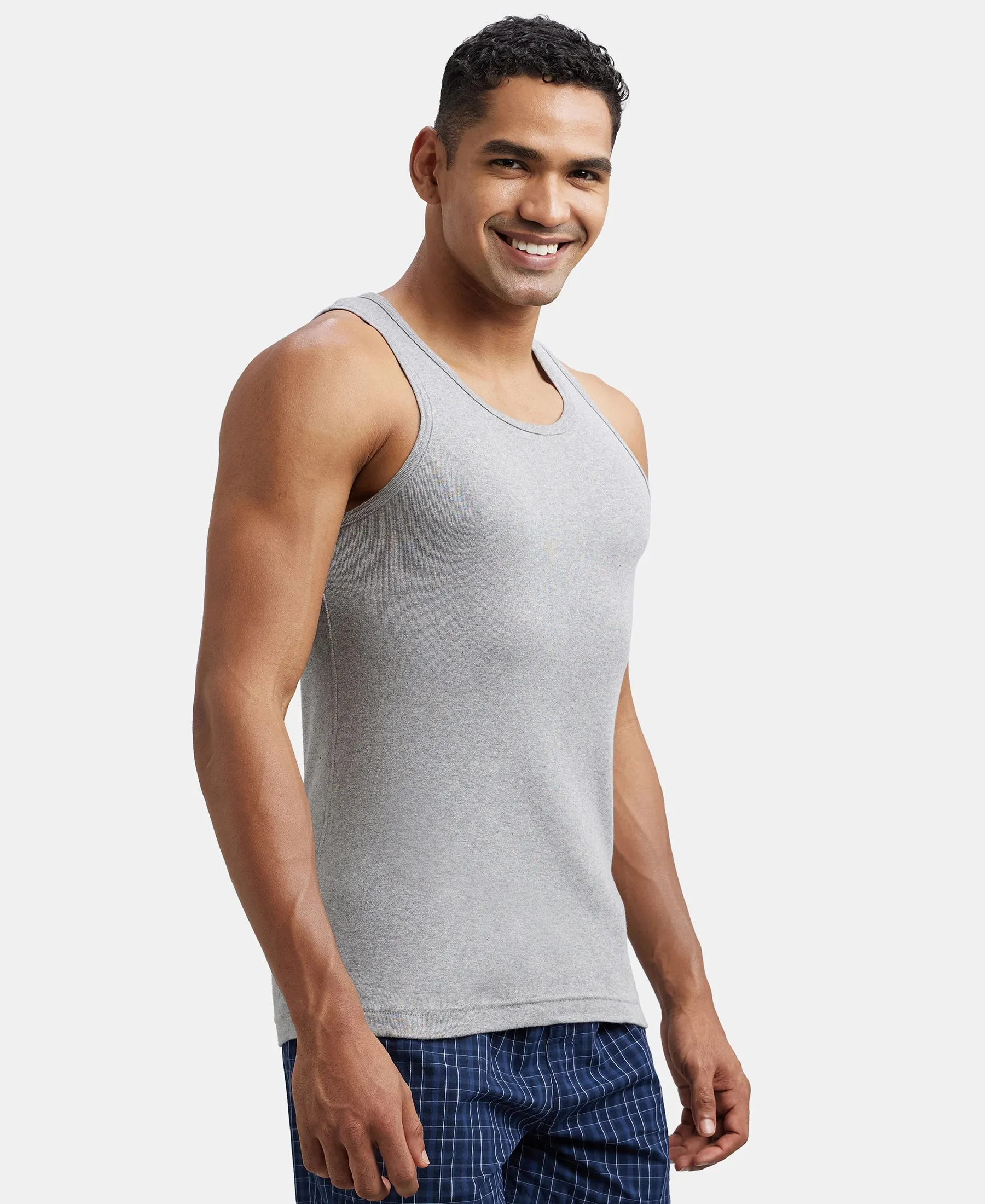 Super Combed Cotton Rib Round Neck Sleeveless Vest - Grey Melange & Teal Green
