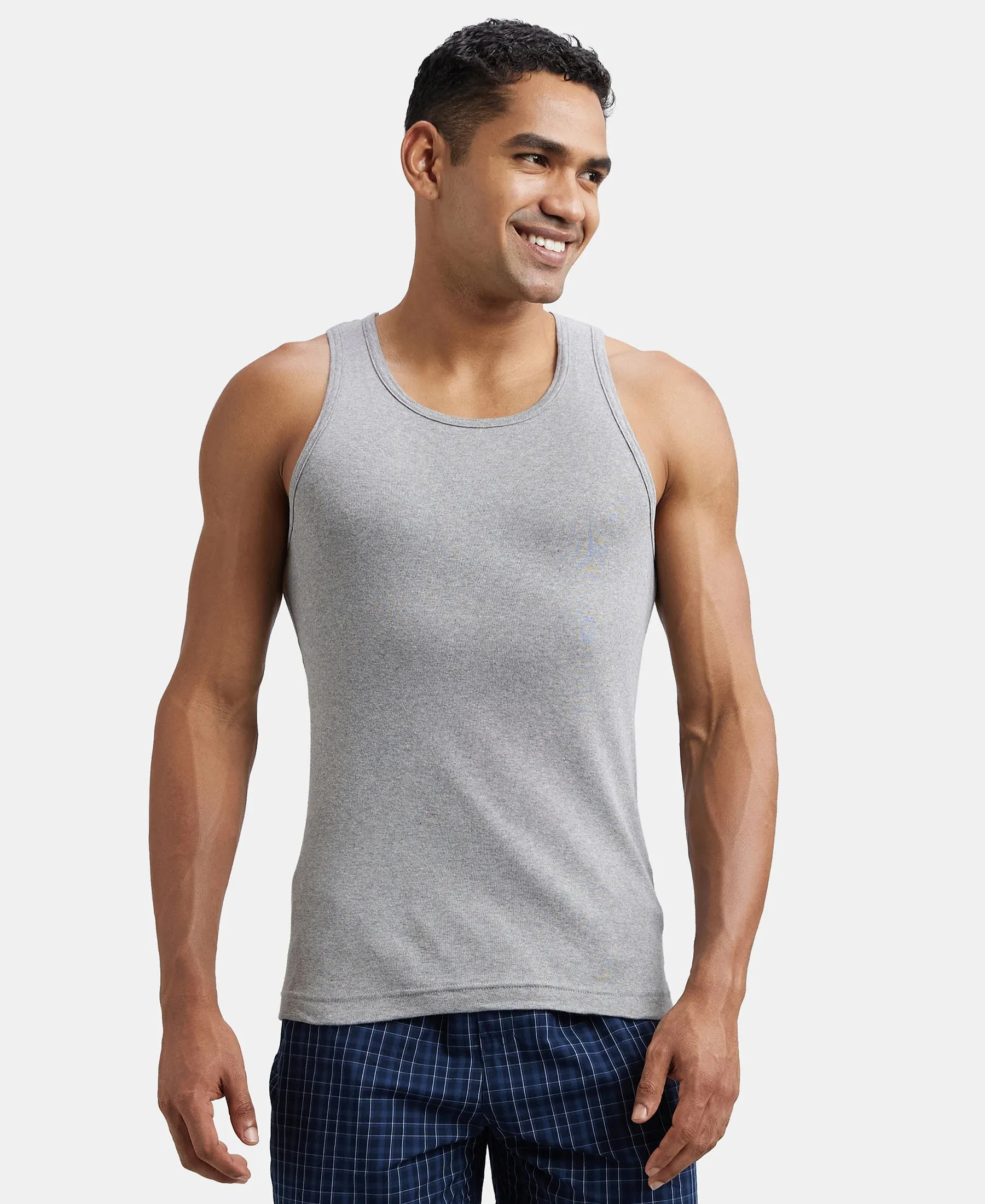 Super Combed Cotton Rib Round Neck Sleeveless Vest - Grey Melange & Teal Green