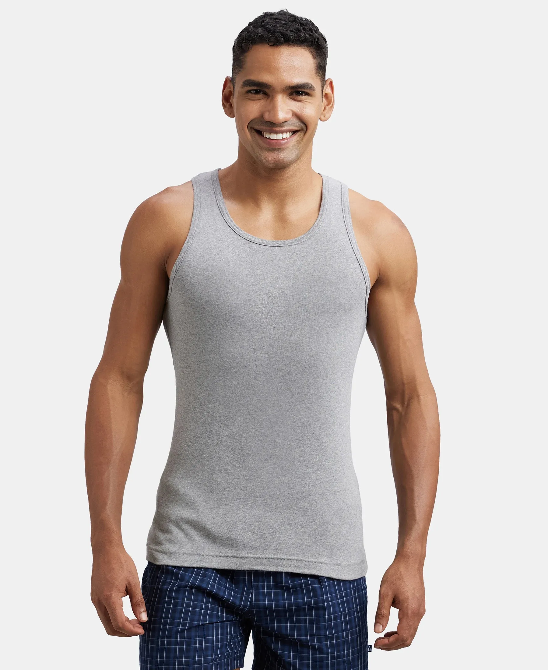 Super Combed Cotton Rib Round Neck Sleeveless Vest - Grey Melange & Teal Green
