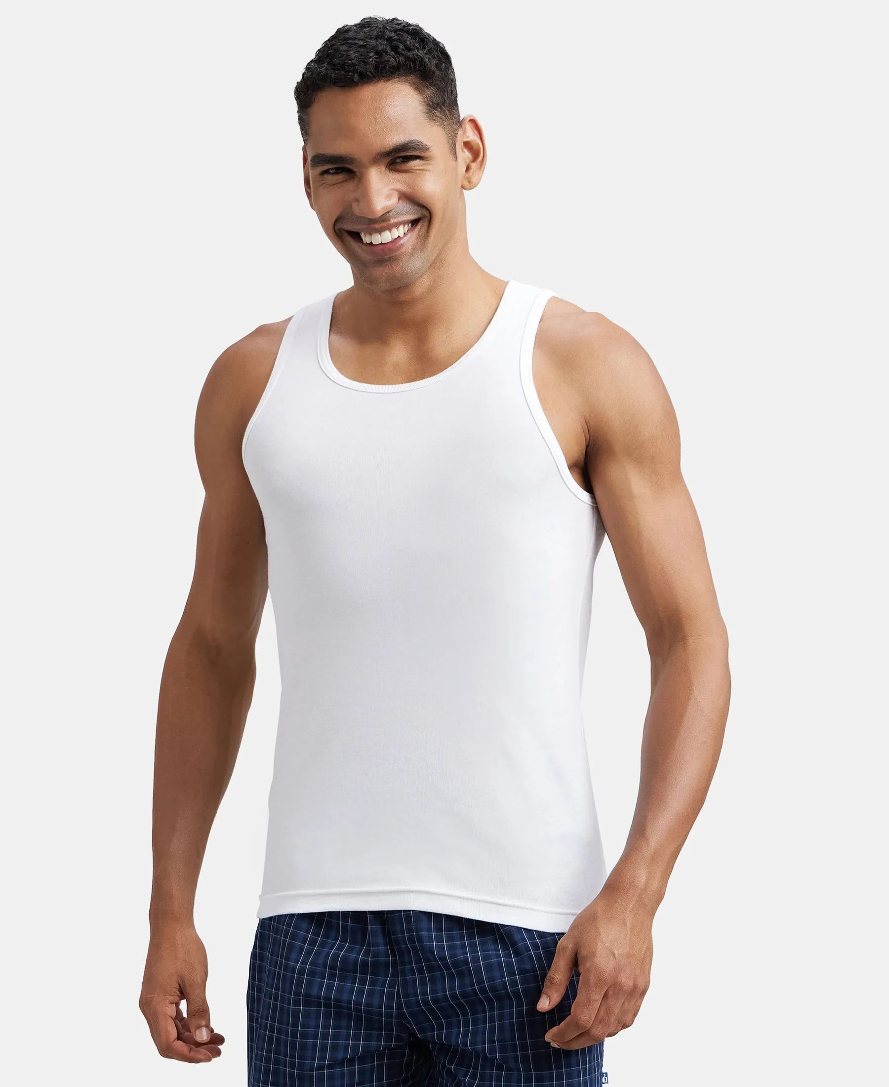Super Combed Cotton Rib Round Neck Sleeveless Vest - White
