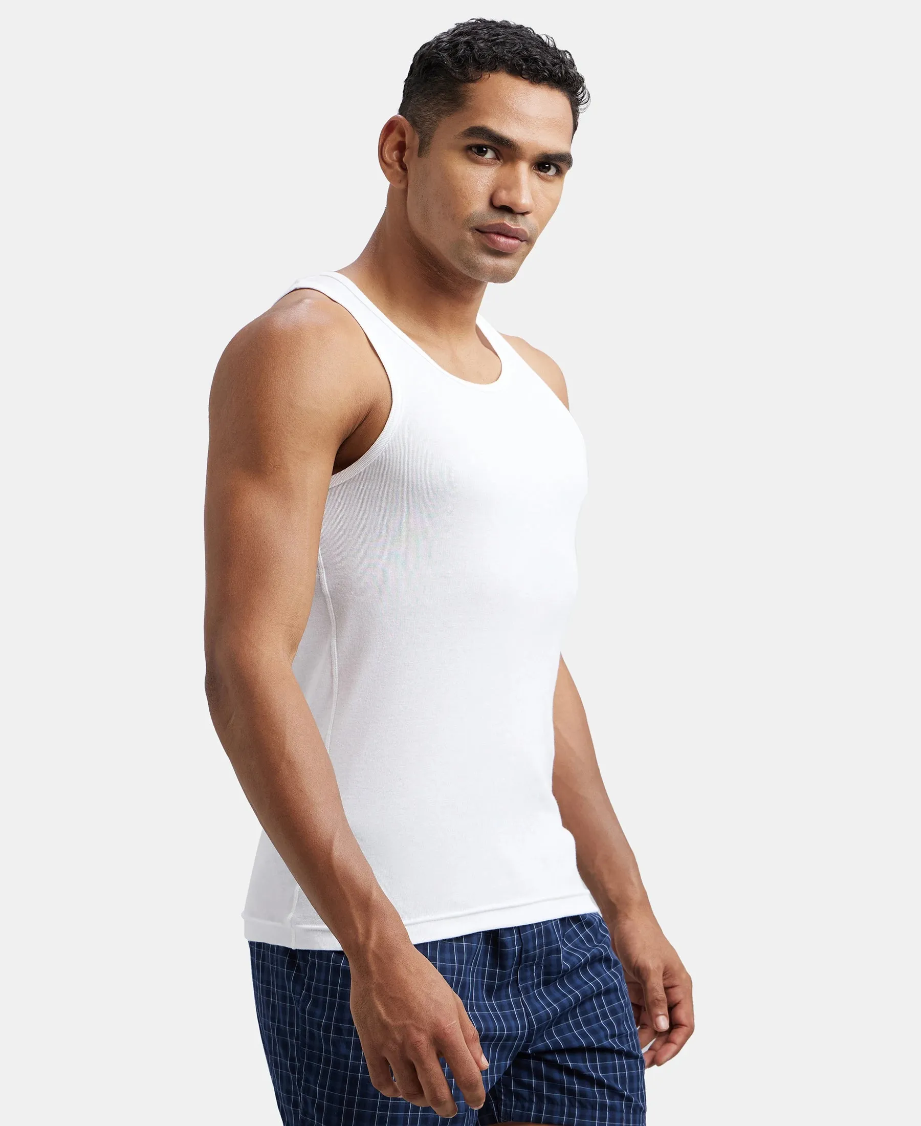 Super Combed Cotton Rib Round Neck Sleeveless Vest - White