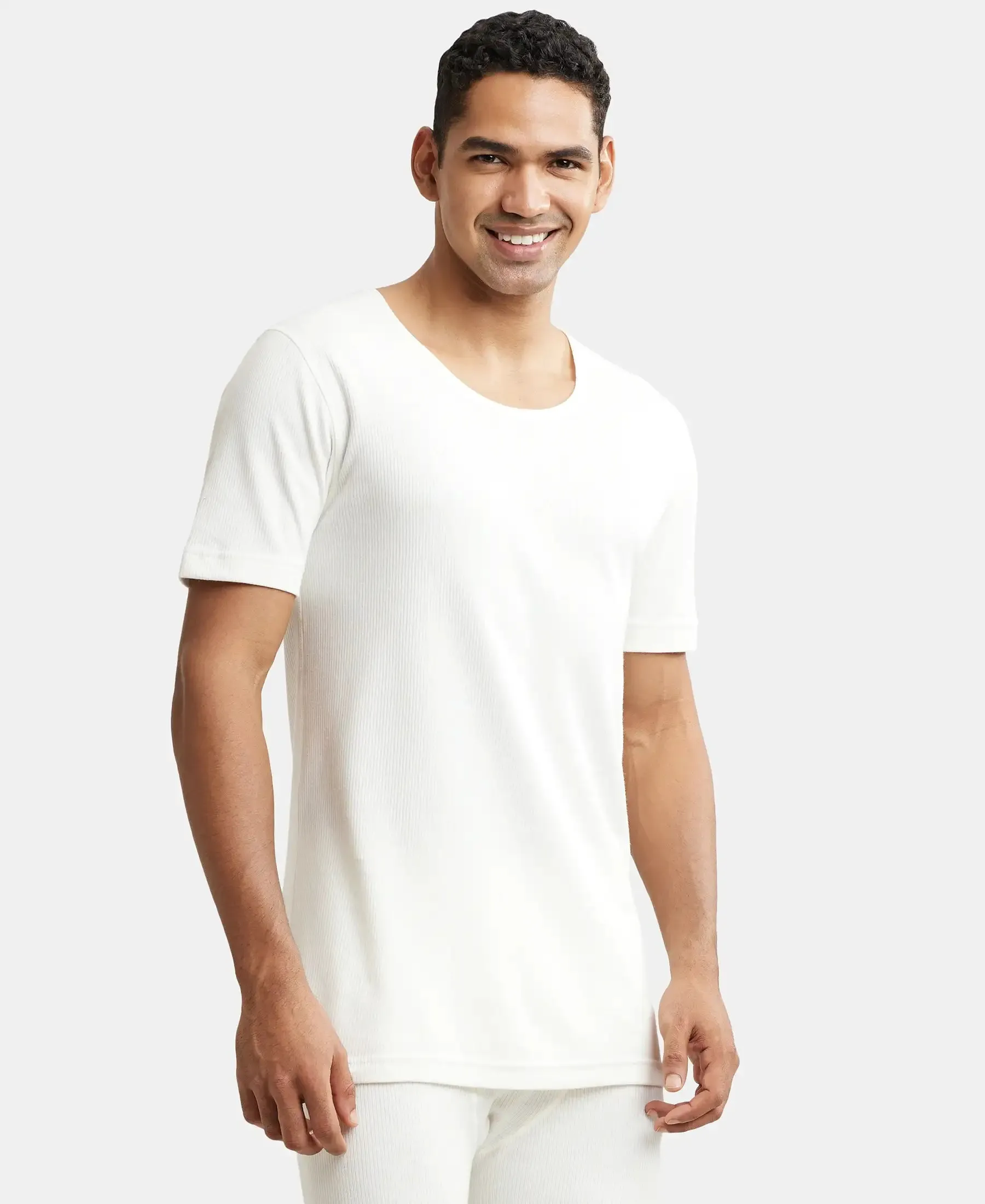 Super Combed Cotton Rich Half Sleeved Thermal Undershirt with StayWarm Technology - Off White