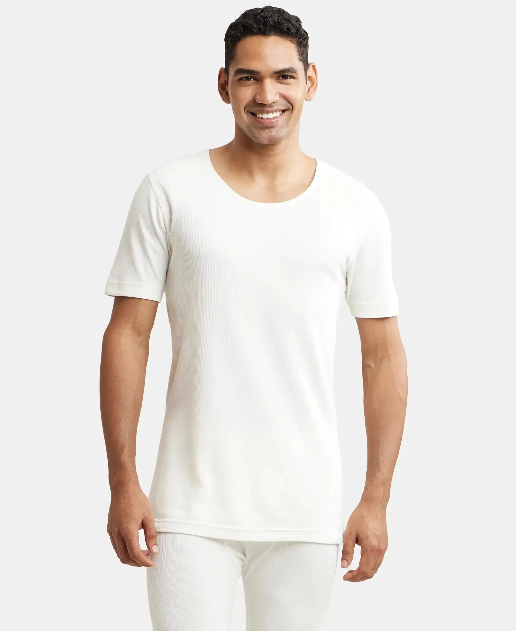 Super Combed Cotton Rich Half Sleeved Thermal Undershirt with StayWarm Technology - Off White