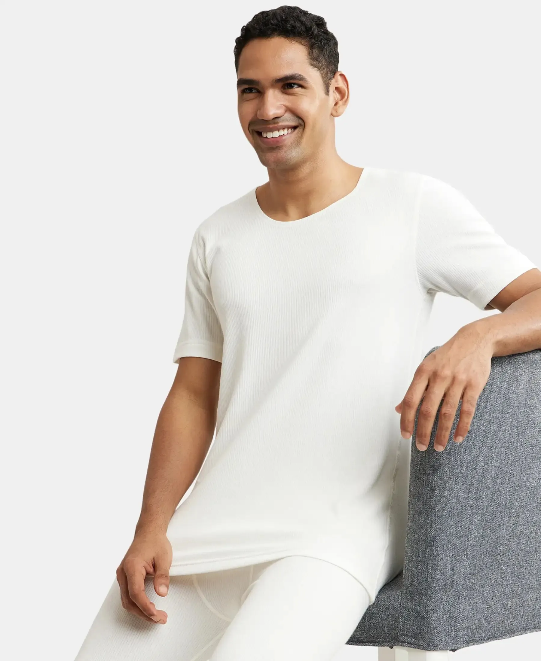 Super Combed Cotton Rich Half Sleeved Thermal Undershirt with StayWarm Technology - Off White