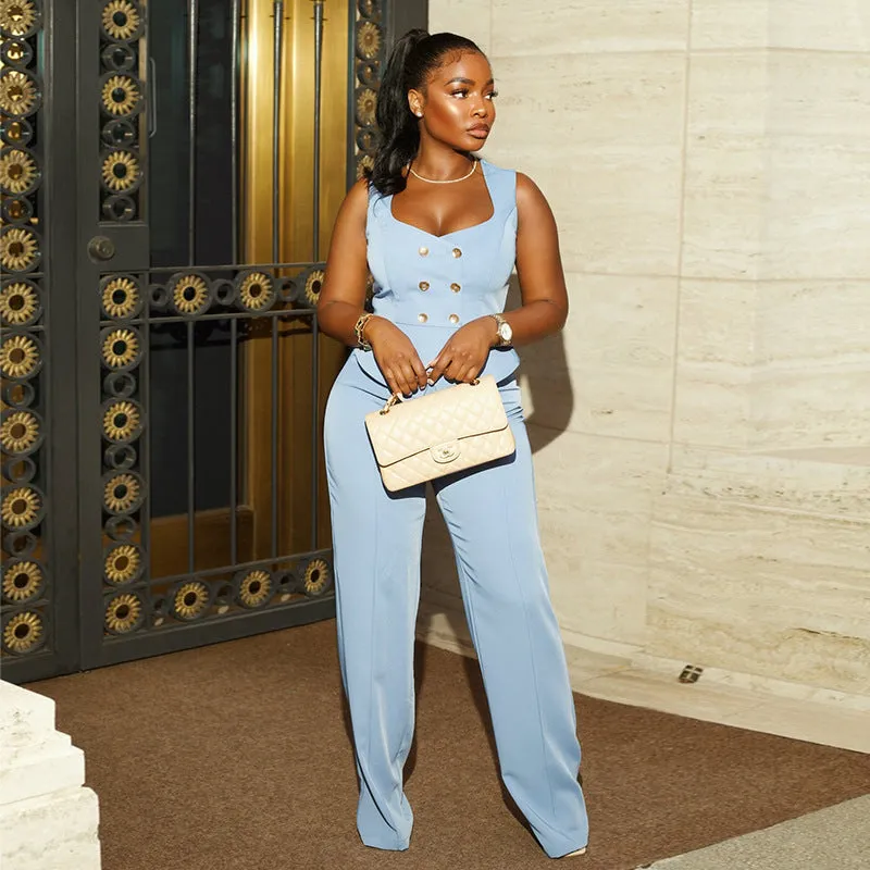 Sweet Fresh Square Collar Double Breasted Vest High Waist Straight Pants Two-Piece Set