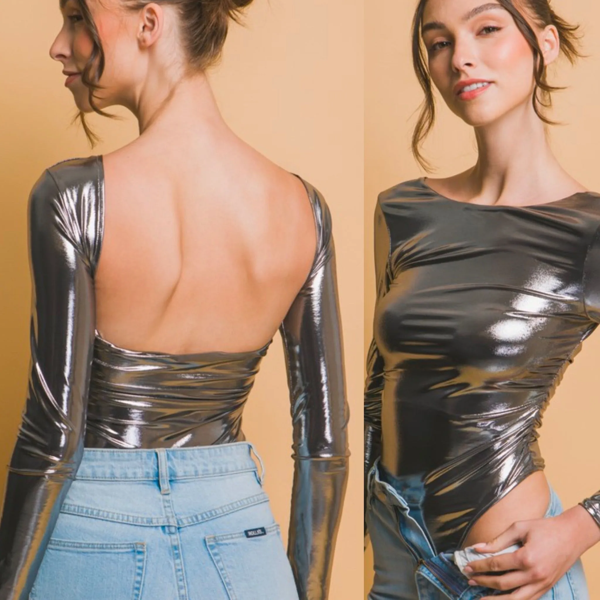 Take Of the Town Open Back Bodysuit - Metallic Silver