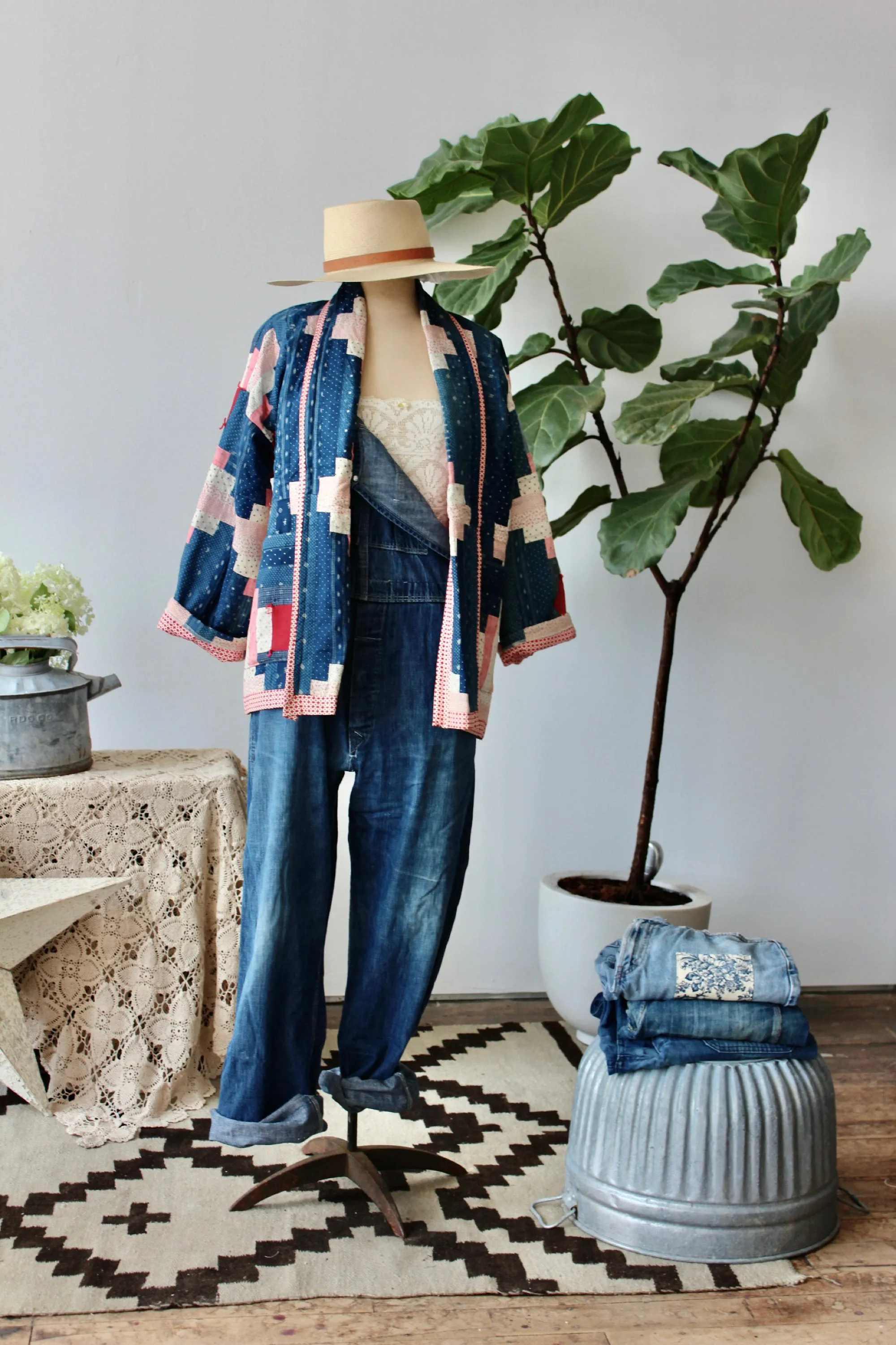 The Highlands Foundry Indigo Log Cabin Quilt Coat THF34