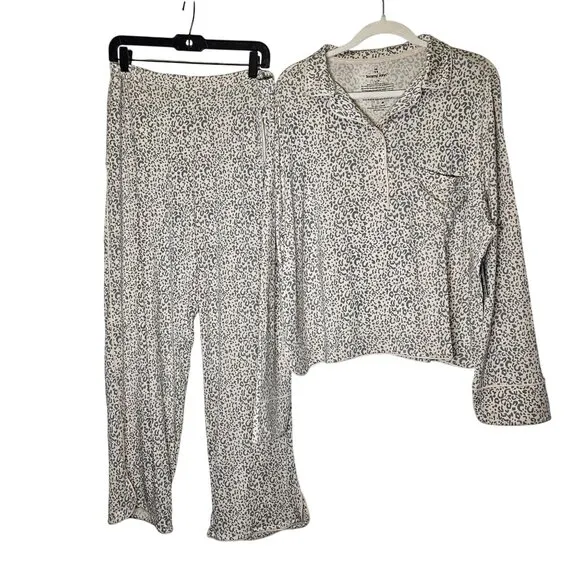 Tommy John Womens Leopard Pajama Set L Soft Modal Blend Long Sleeve Top &amp; Pants