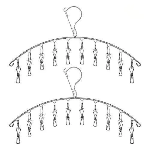 Toplife Stainless Steel Windproof Clothes Drying Hanger with 10 Clips for Drying Socks, Bras,Underwears,Baby Clothes,Hats,Scarfs,Towels,Pants,and Gloves,Set of 2