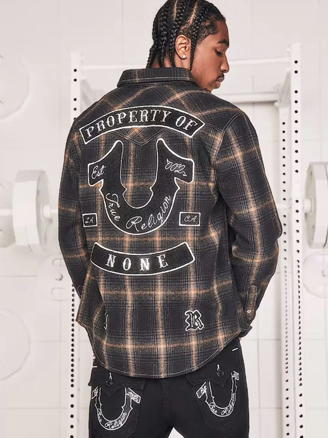 True Religion Mens Black Spread Collar Full Sleeve Patch Work Shirt