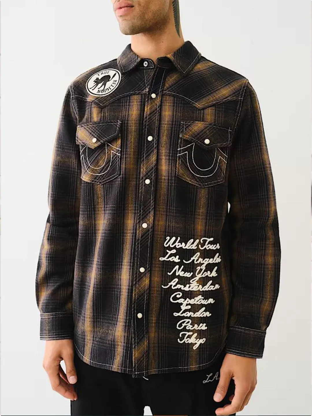 True Religion Mens Black Spread Collar Full Sleeve Patch Work Shirt