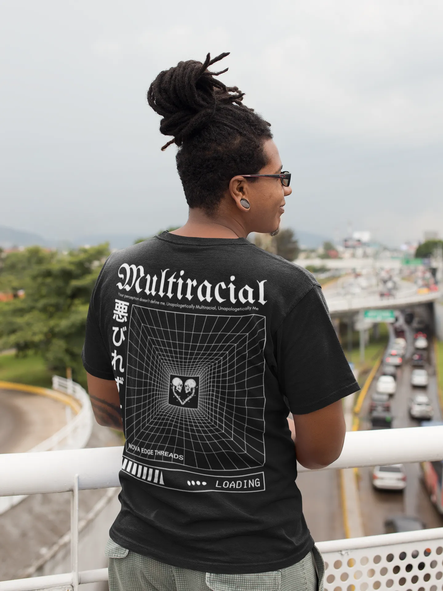 Unapologetically Multiracial Graphic Tee Japanese Streetwear Style on back of Black Oversize Deep Drop Shoulder Tee - 190 GSM