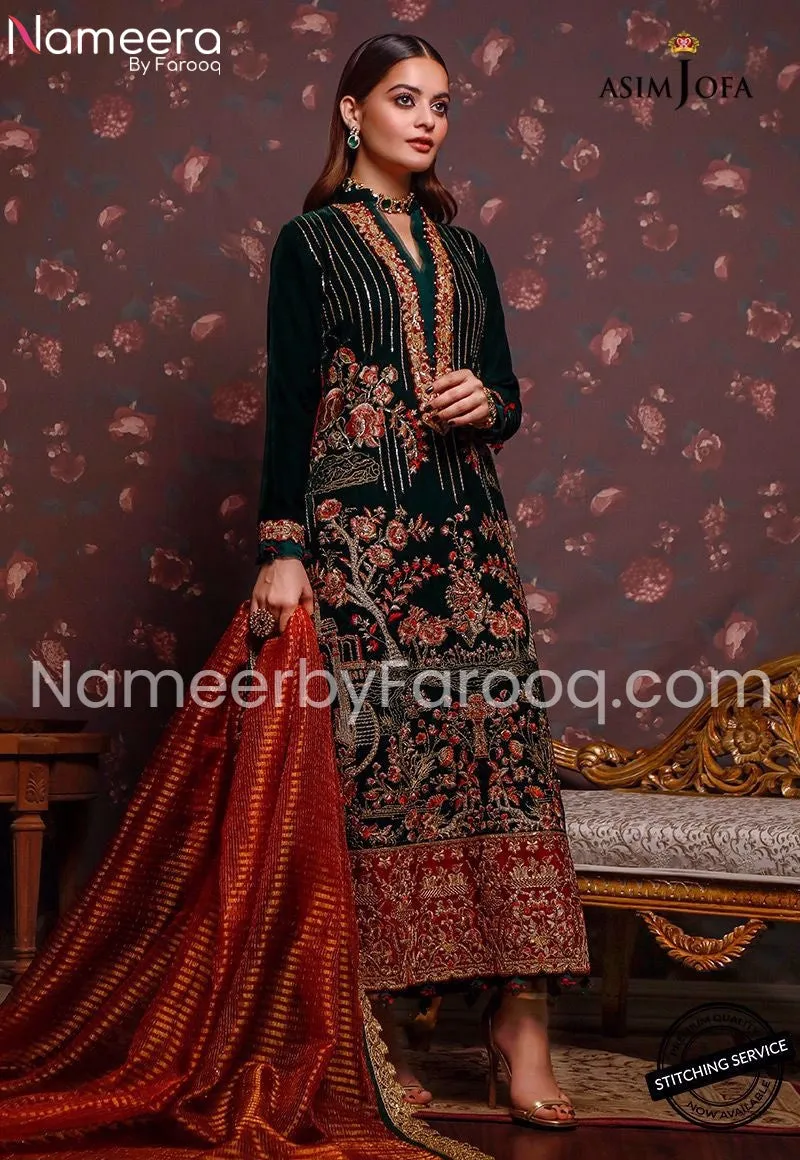 Velvet Green Pakistani Wedding Party Dress #PN106