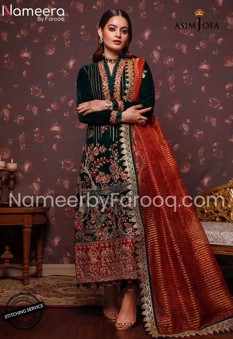 Velvet Green Pakistani Wedding Party Dress #PN106