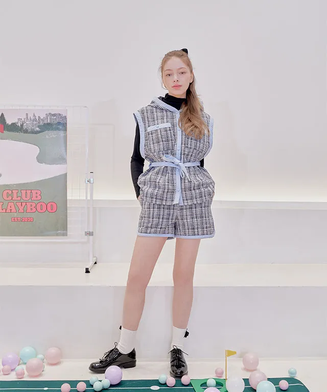 [Warehouse Sale]PLAYBOO TWEED HOODED VEST SHORTS SET-UP_Navy Tweed