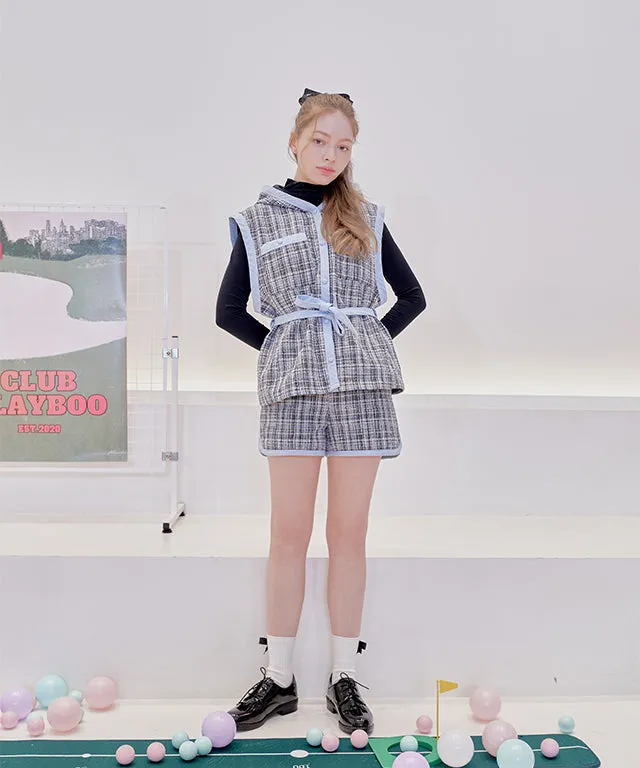 [Warehouse Sale]PLAYBOO TWEED HOODED VEST SHORTS SET-UP_Navy Tweed