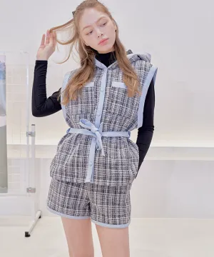 [Warehouse Sale]PLAYBOO TWEED HOODED VEST SHORTS SET-UP_Navy Tweed