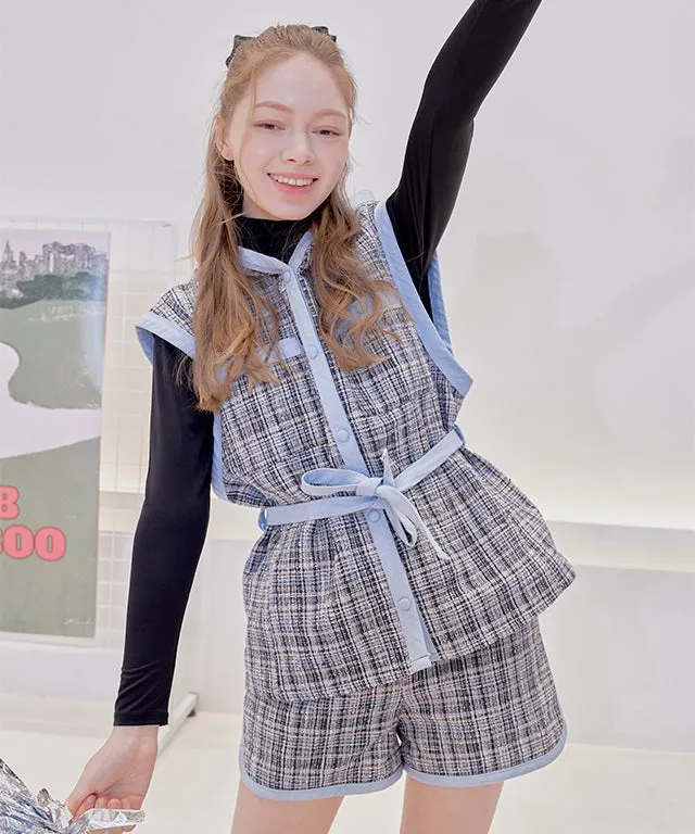 [Warehouse Sale]PLAYBOO TWEED HOODED VEST SHORTS SET-UP_Navy Tweed
