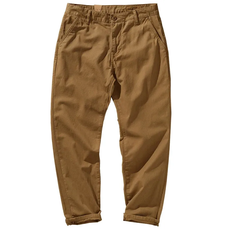 Washed Simple Woven Twill Cargo Pants - Men's Casual Straight Tapered Trousers in 100% Cotton