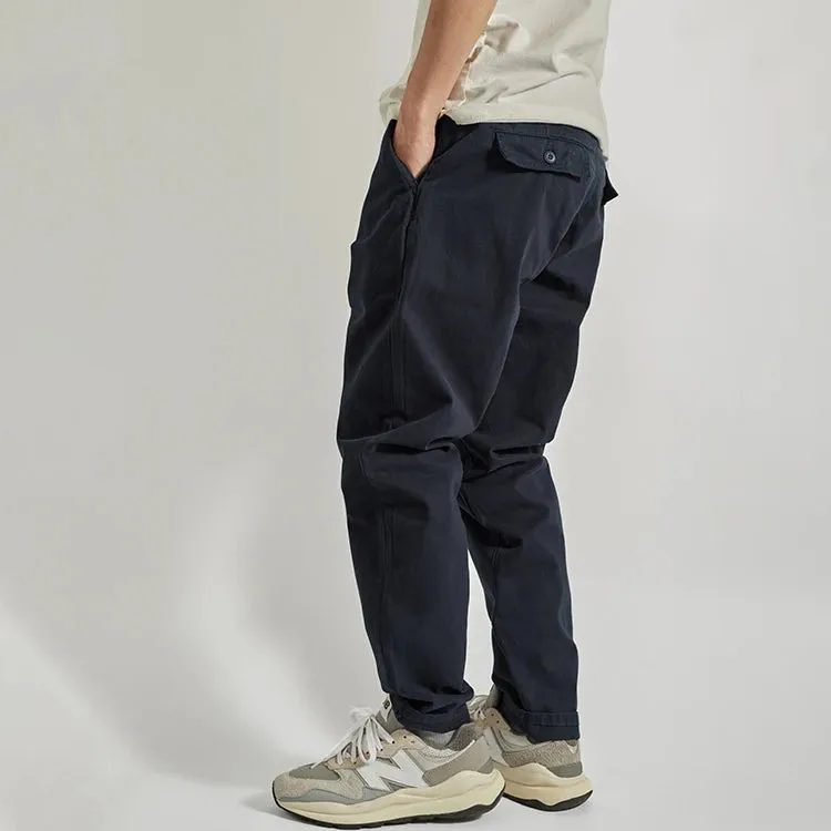 Washed Simple Woven Twill Cargo Pants - Men's Casual Straight Tapered Trousers in 100% Cotton