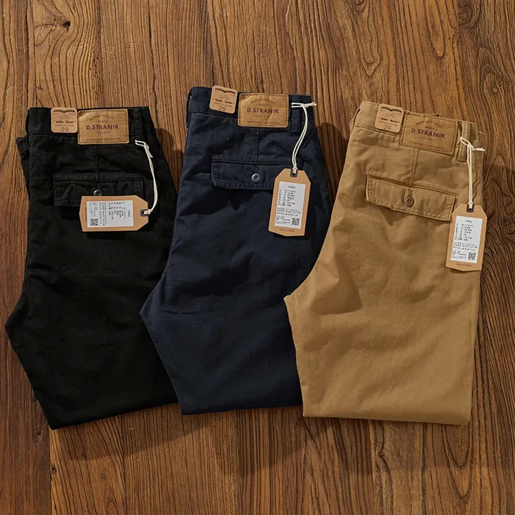 Washed Simple Woven Twill Cargo Pants - Men's Casual Straight Tapered Trousers in 100% Cotton