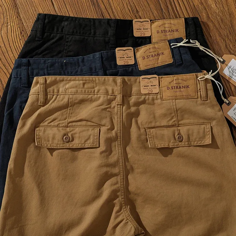 Washed Simple Woven Twill Cargo Pants - Men's Casual Straight Tapered Trousers in 100% Cotton