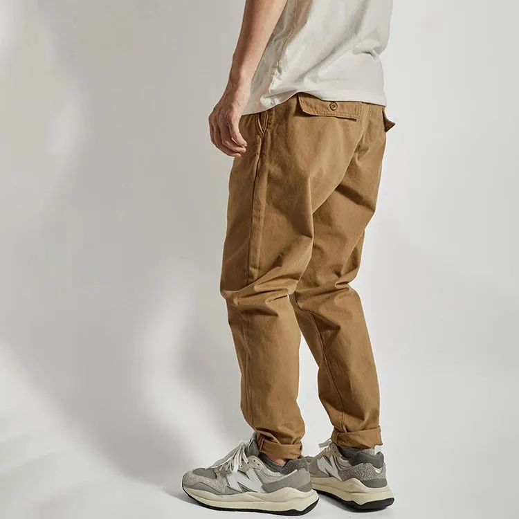 Washed Simple Woven Twill Cargo Pants - Men's Casual Straight Tapered Trousers in 100% Cotton