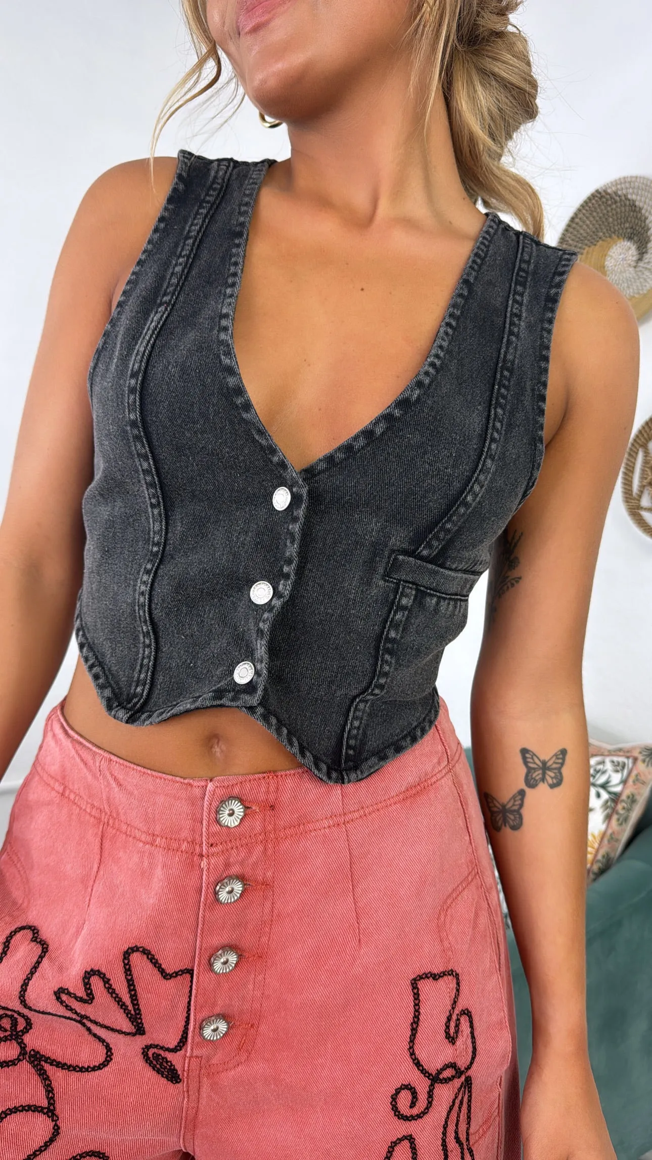 Western Vintage Washed Denim Vest, Black