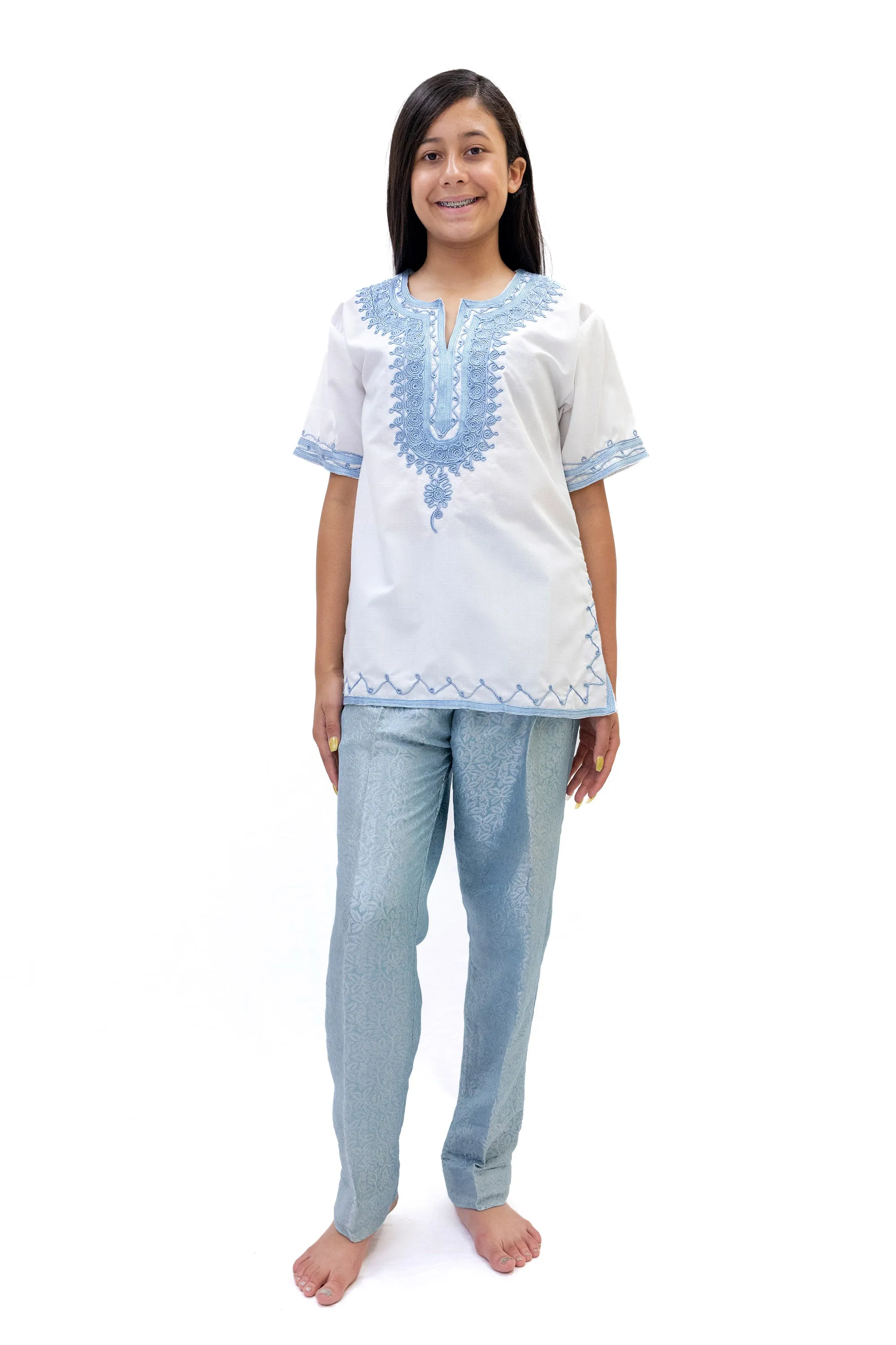 White Cotton Shirt With Blue Embroidery