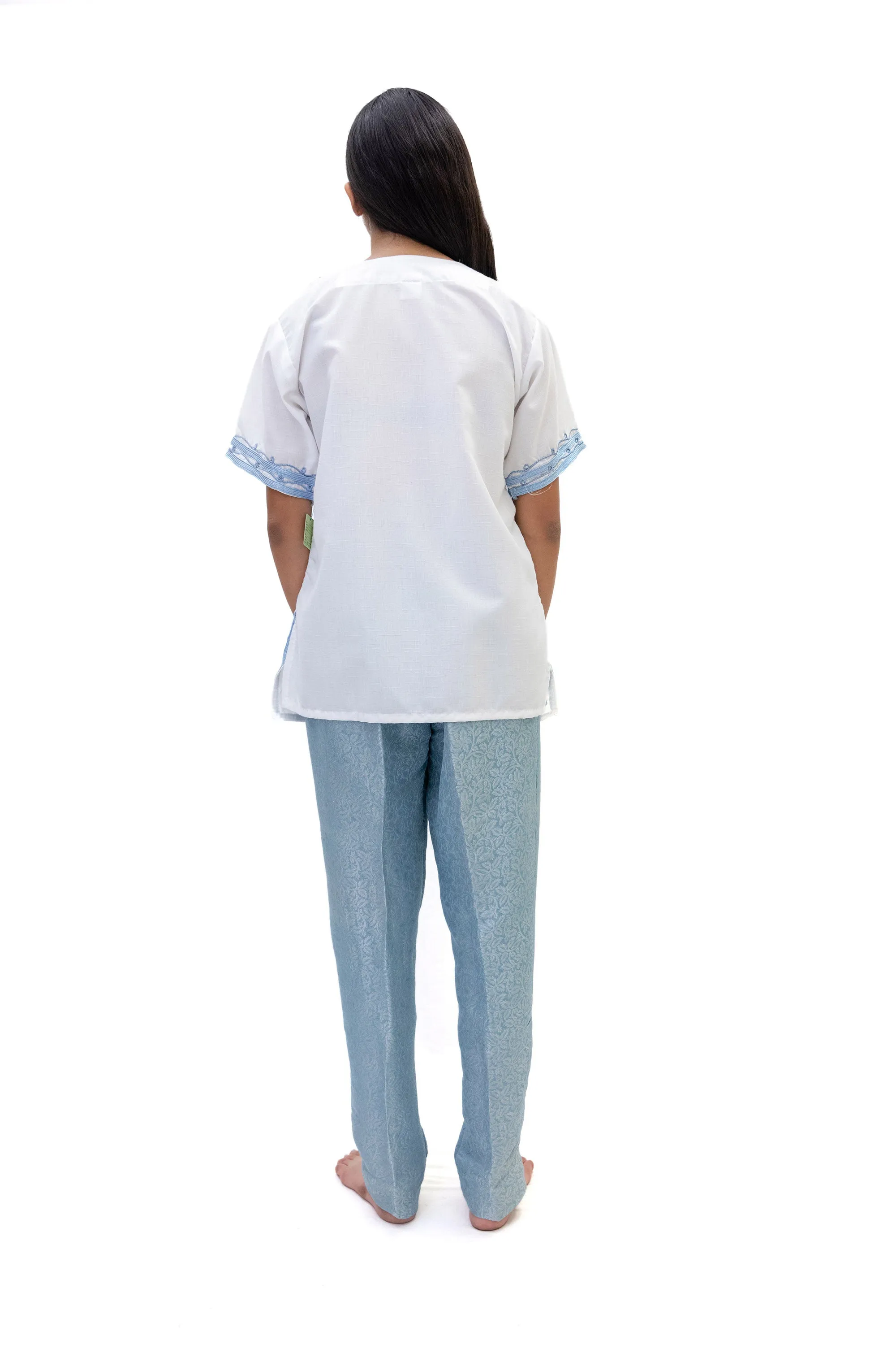 White Cotton Shirt With Blue Embroidery