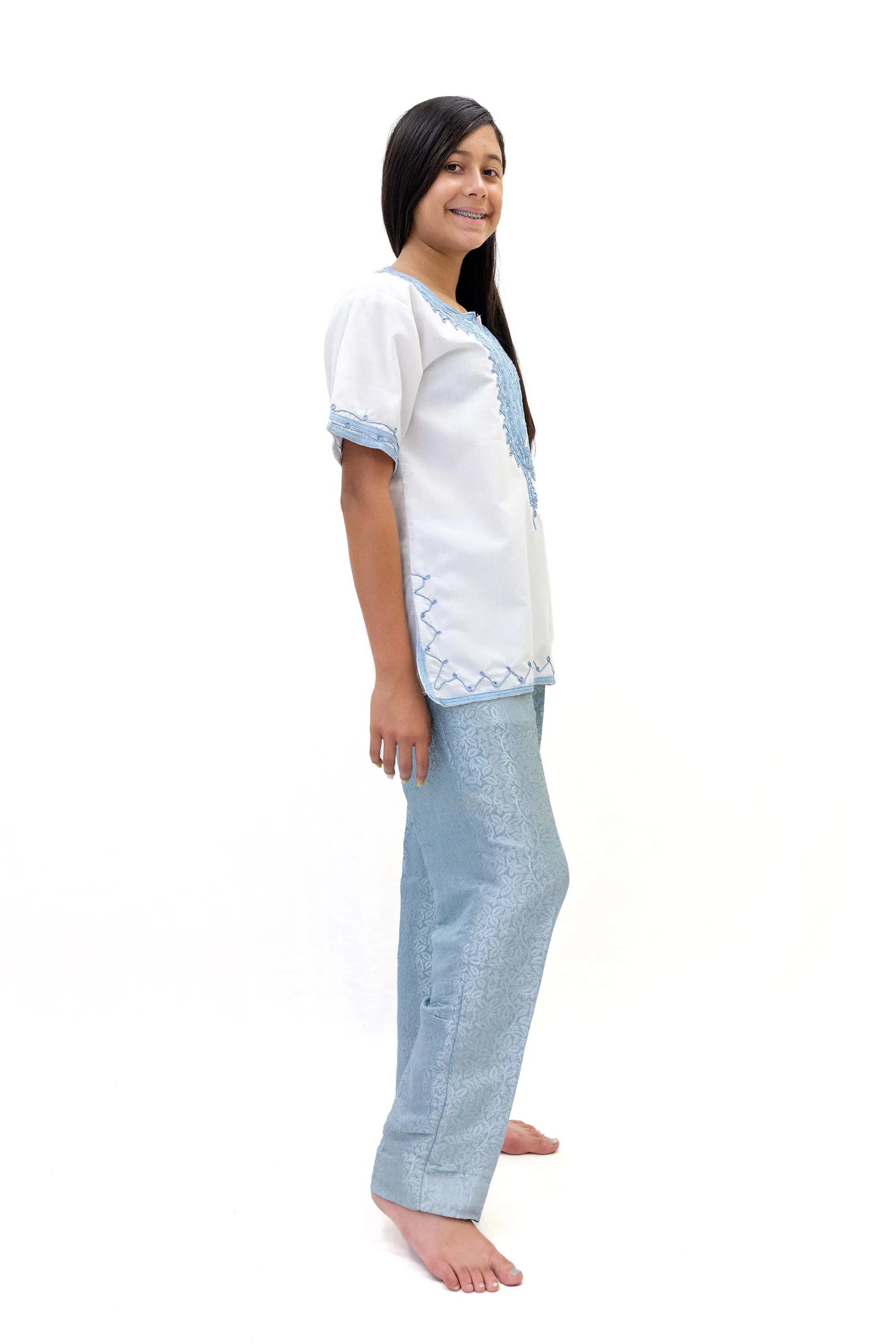 White Cotton Shirt With Blue Embroidery