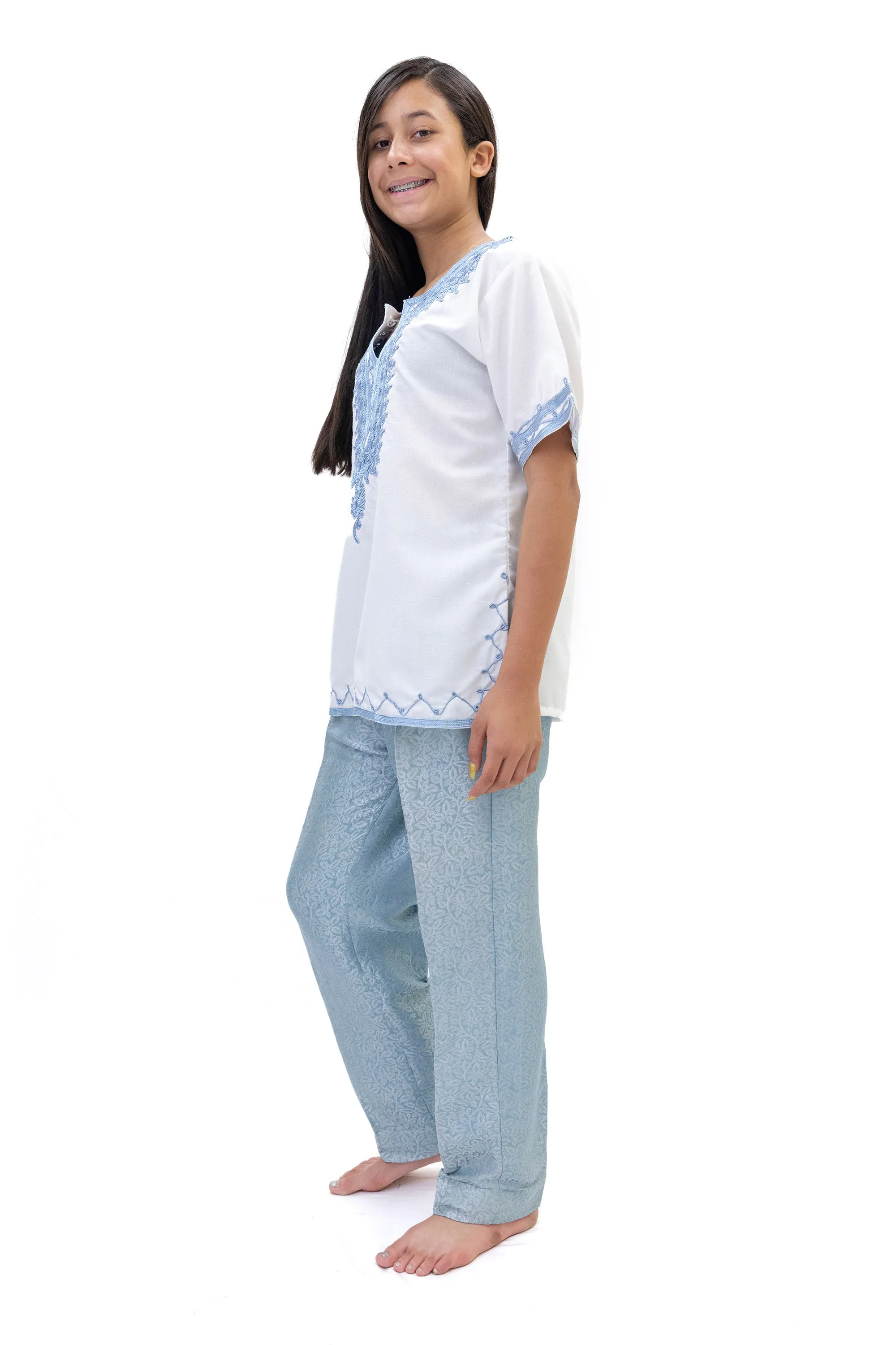 White Cotton Shirt With Blue Embroidery