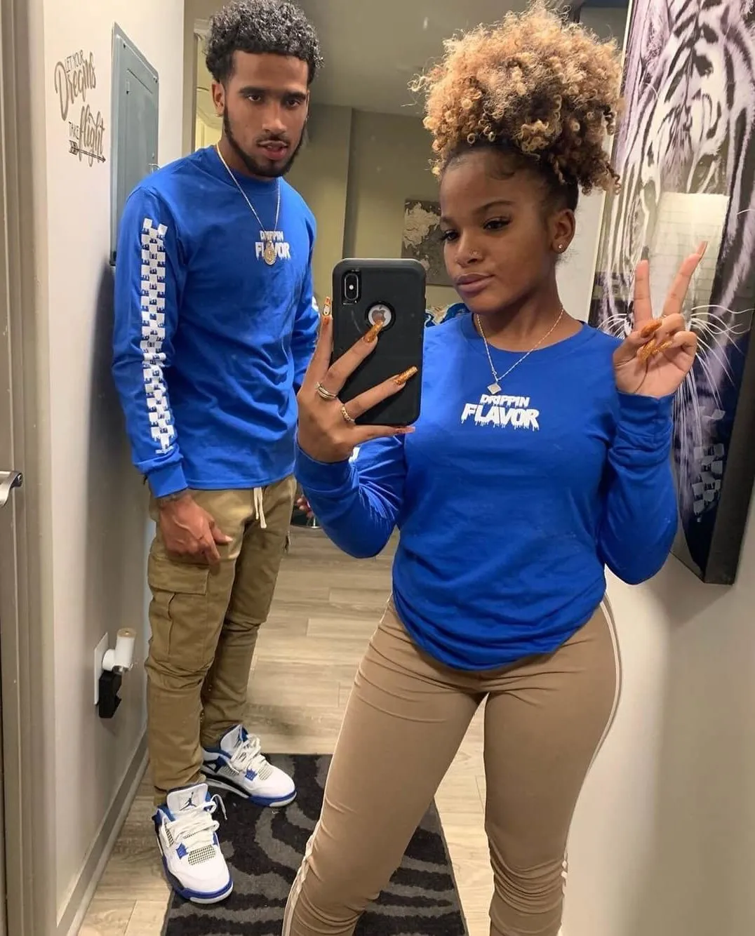 White Drippin Flavor | Blue Long Sleeve Tee (Solid Checkered Drippin Sleeve)