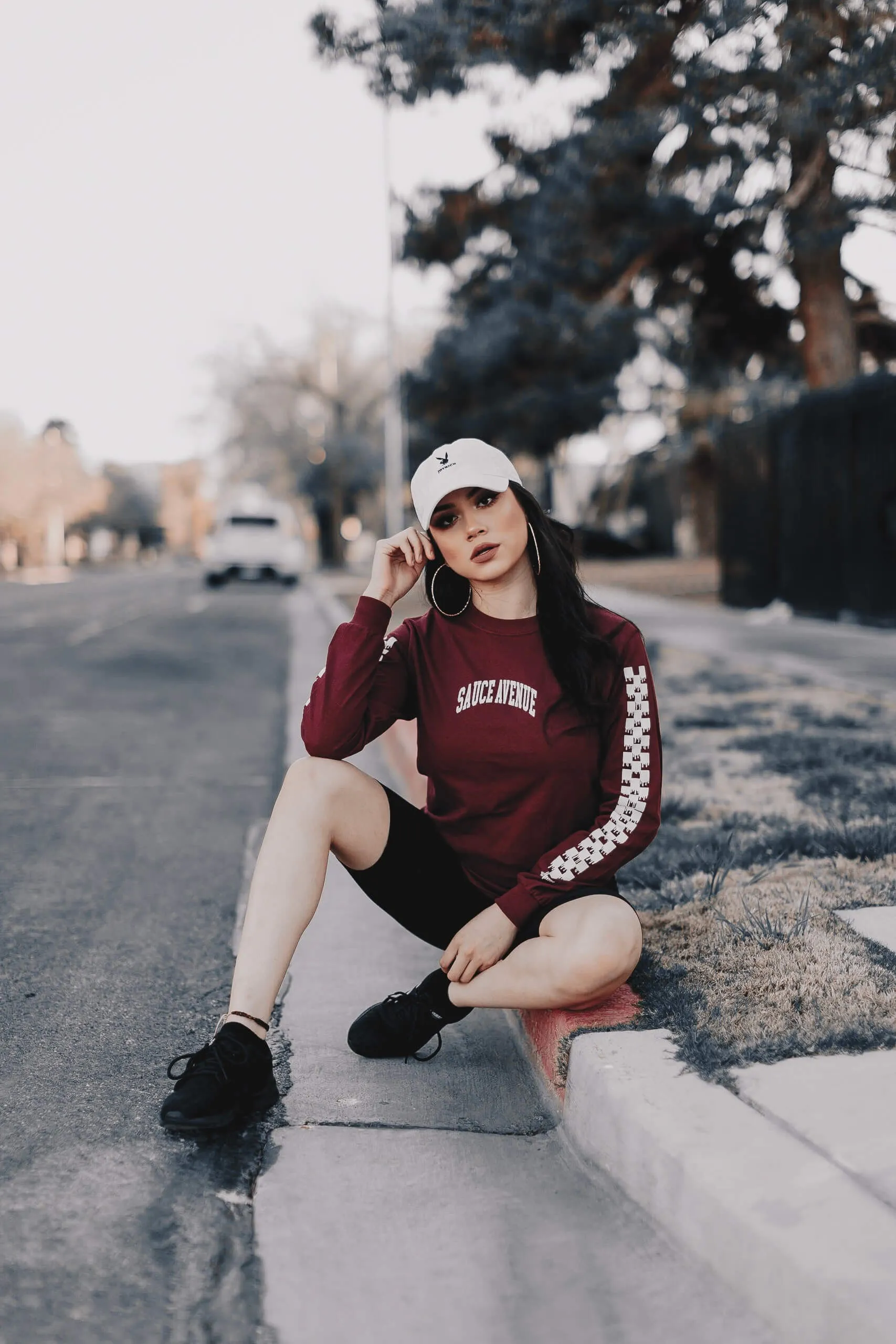 White SA Curve | Maroon Long Sleeve Tee (Solid Checkered Drippin Sleeve)