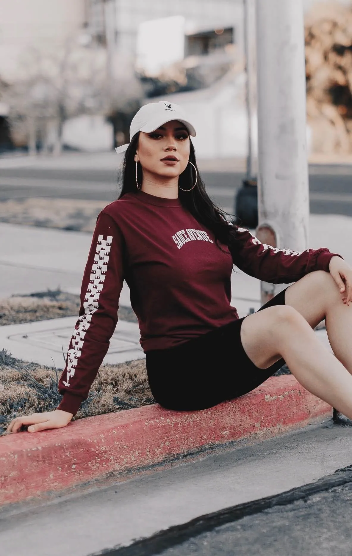 White SA Curve | Maroon Long Sleeve Tee (Solid Checkered Drippin Sleeve)