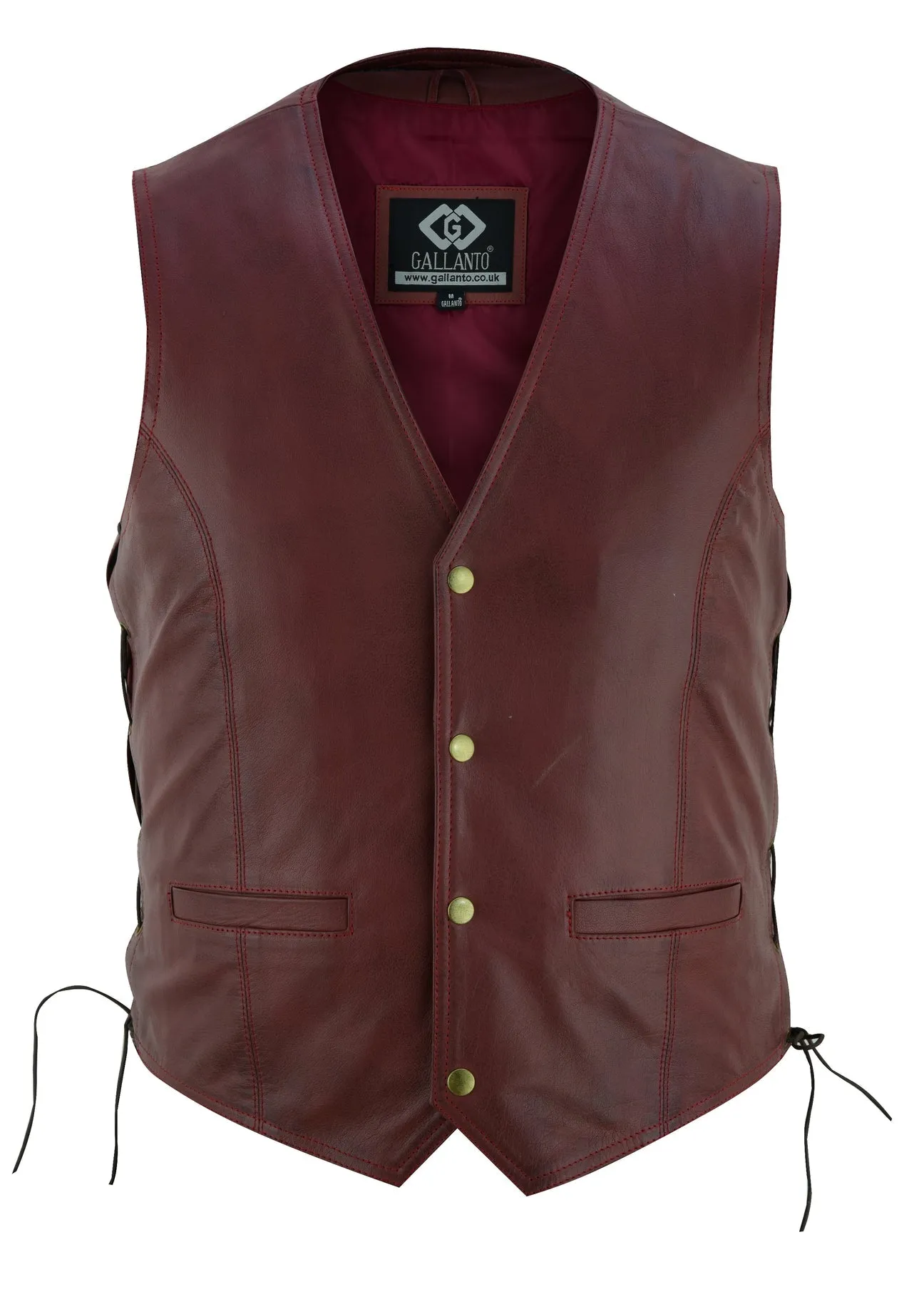 Wine Red Side Lace Biker Leather Waistcoat Vest
