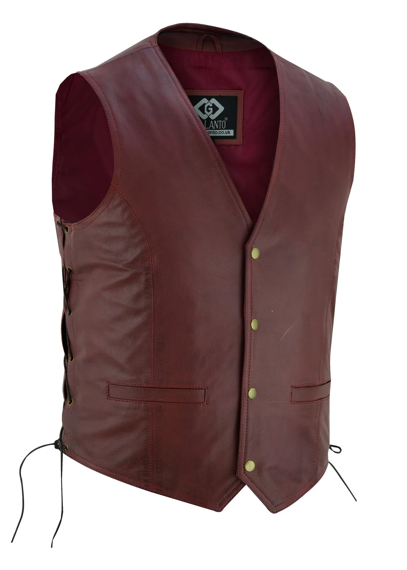 Wine Red Side Lace Biker Leather Waistcoat Vest