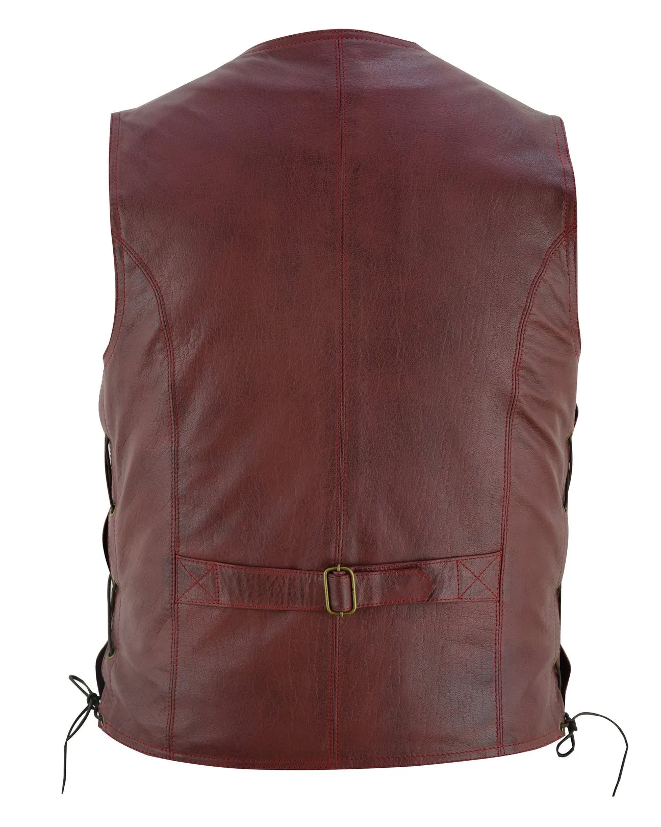 Wine Red Side Lace Biker Leather Waistcoat Vest