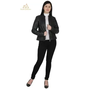 Women's Slim Fit Leather Jacket : Biker with Quilted Shoulder
