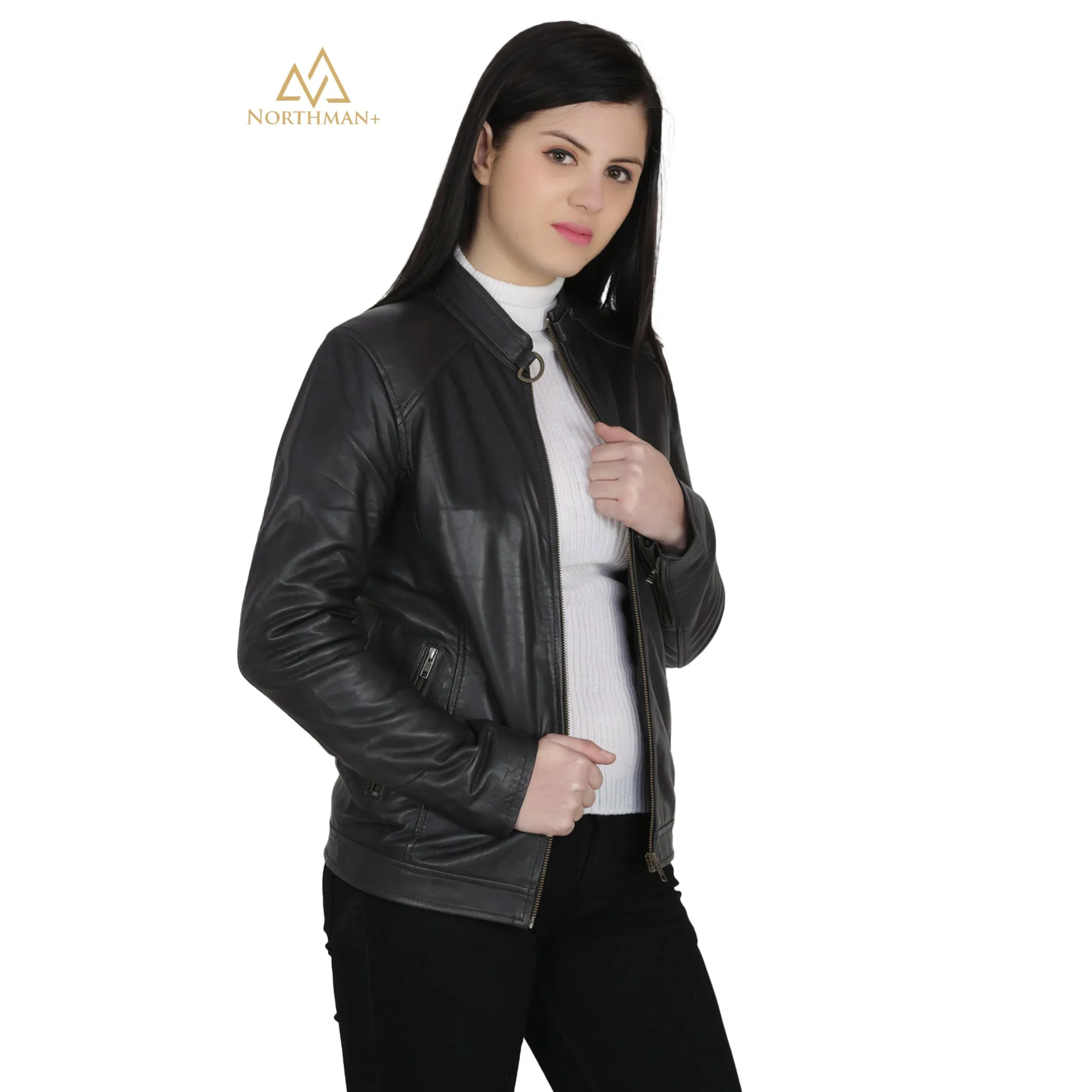 Women's Slim fit Leather jacket : The Mandarin Collar