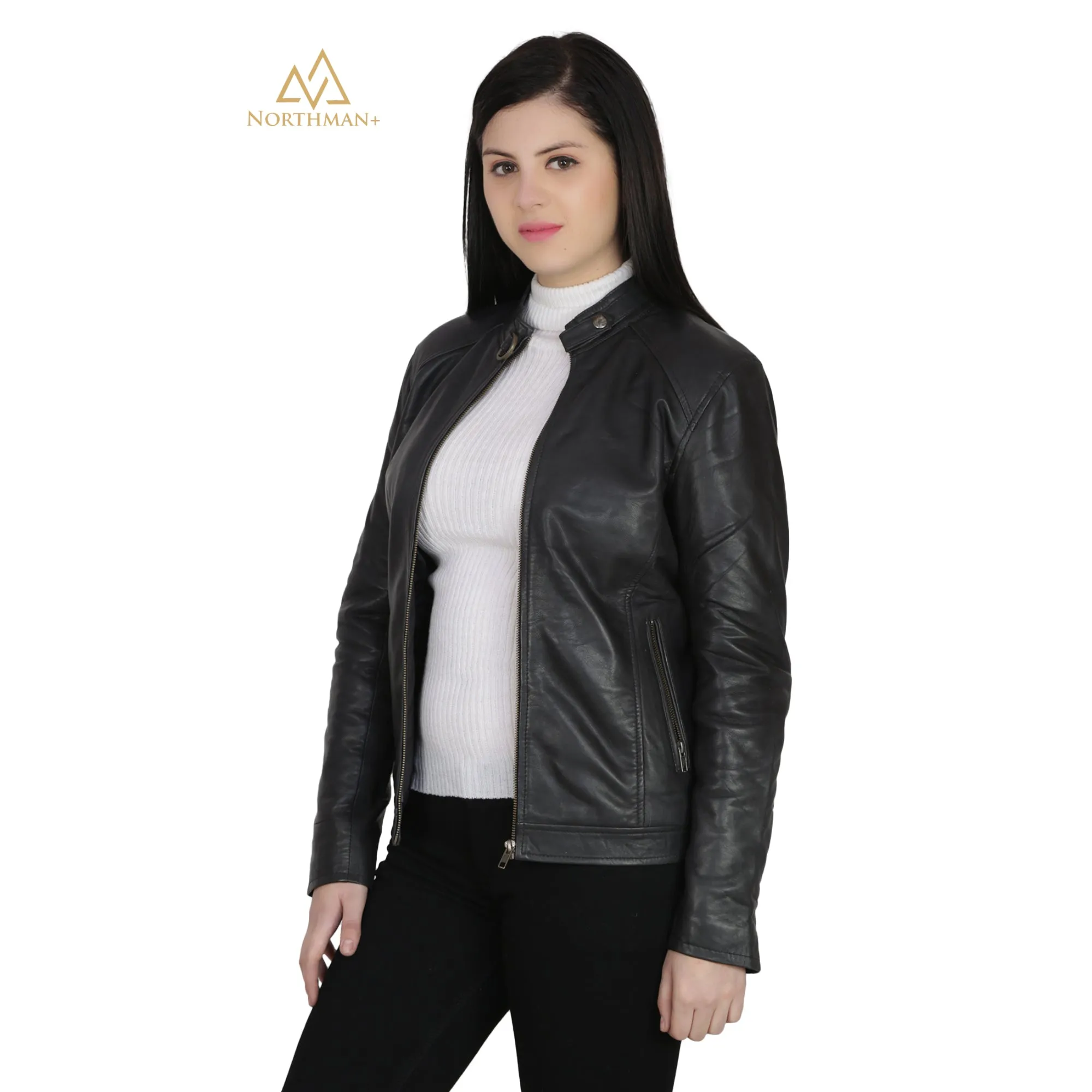 Women's Slim fit Leather jacket : The Mandarin Collar