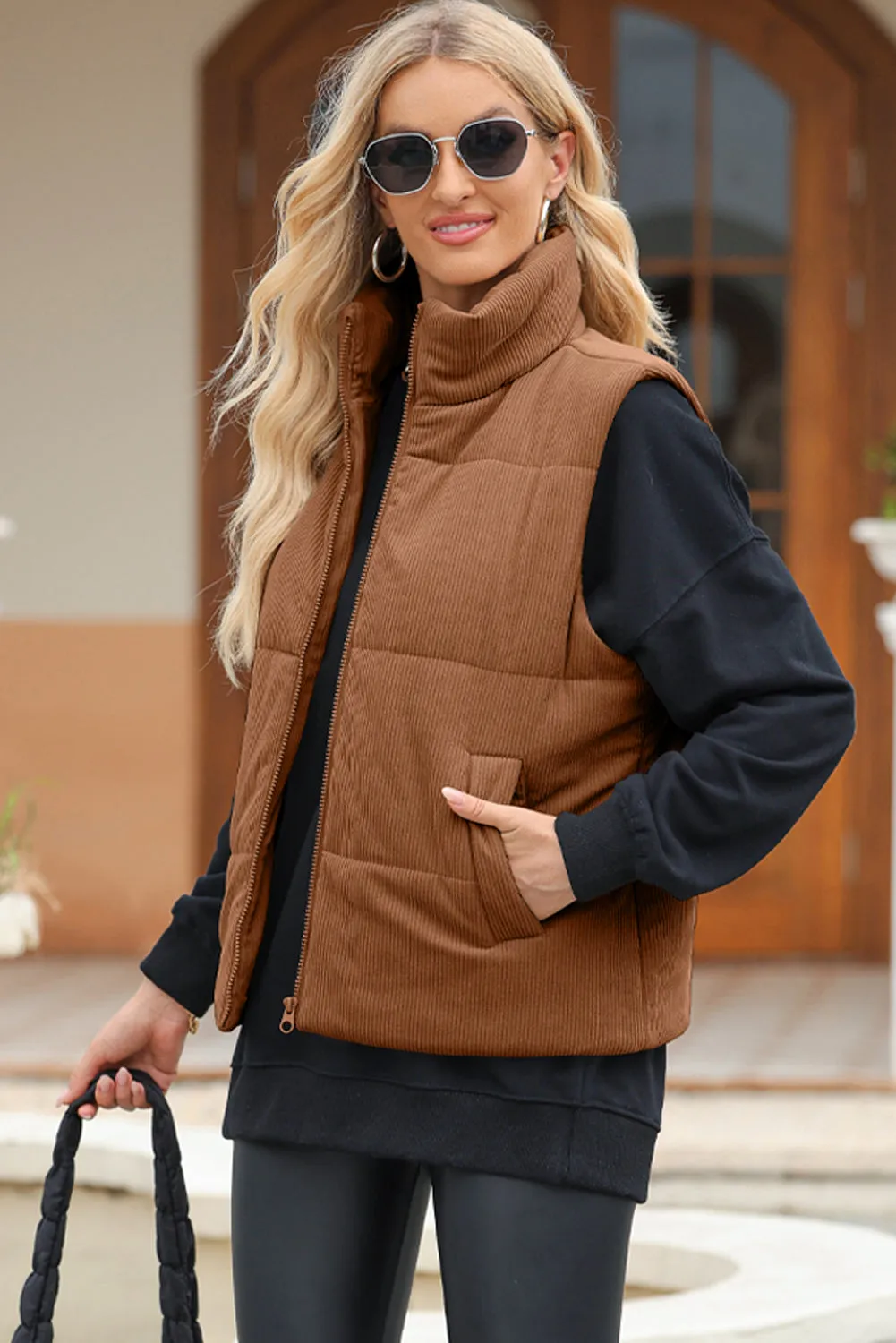 Women’s Zip Up Turtleneck Vest Coat with Pockets | High-Quality Polyester