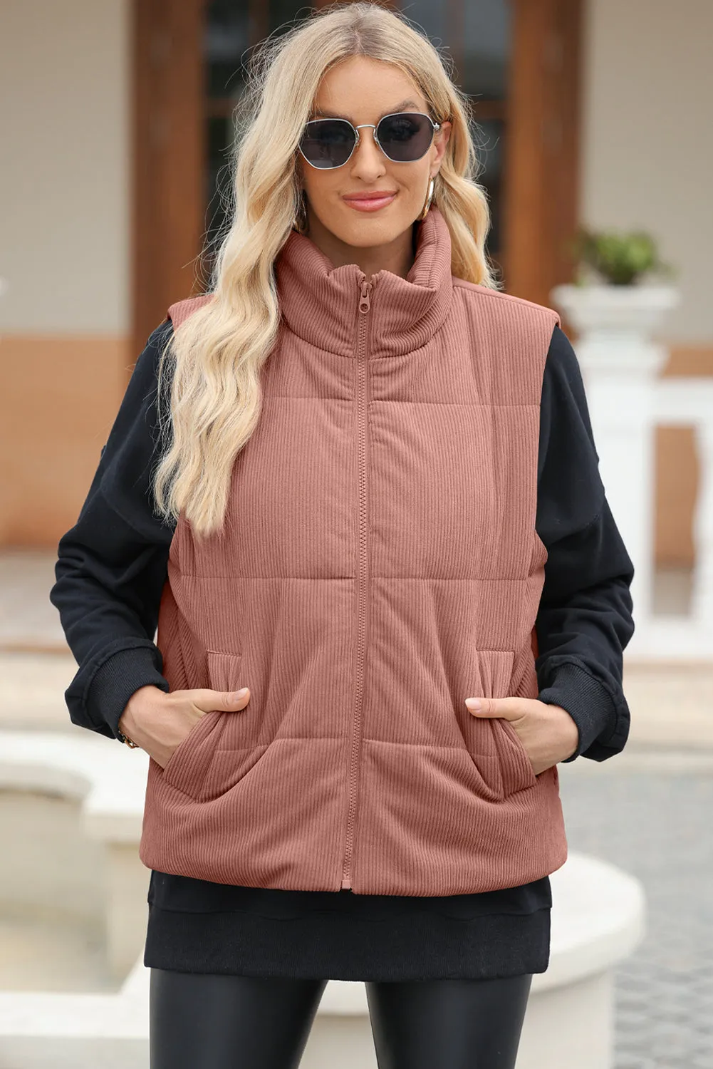 Women’s Zip Up Turtleneck Vest Coat with Pockets | High-Quality Polyester
