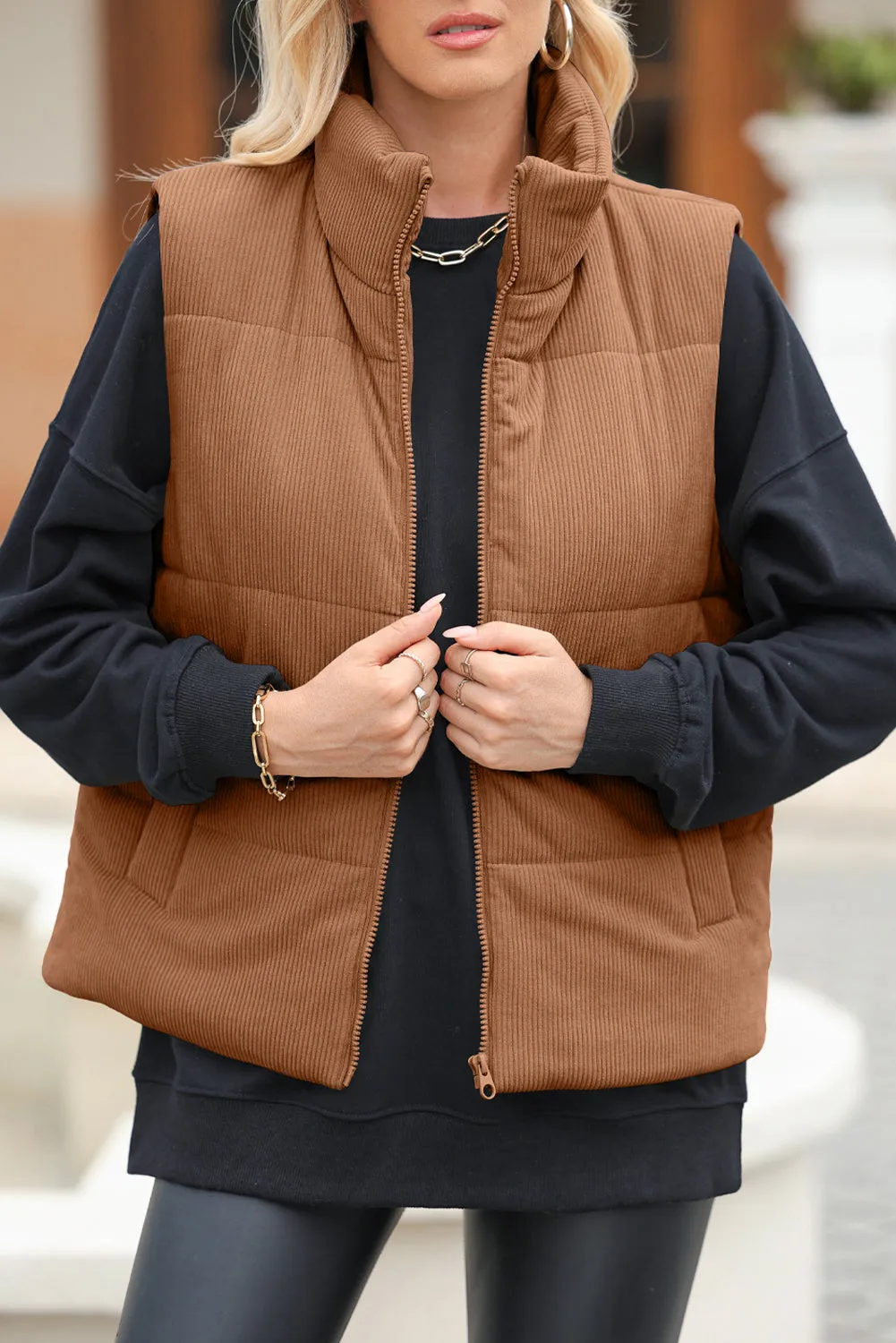 Women’s Zip Up Turtleneck Vest Coat with Pockets | High-Quality Polyester